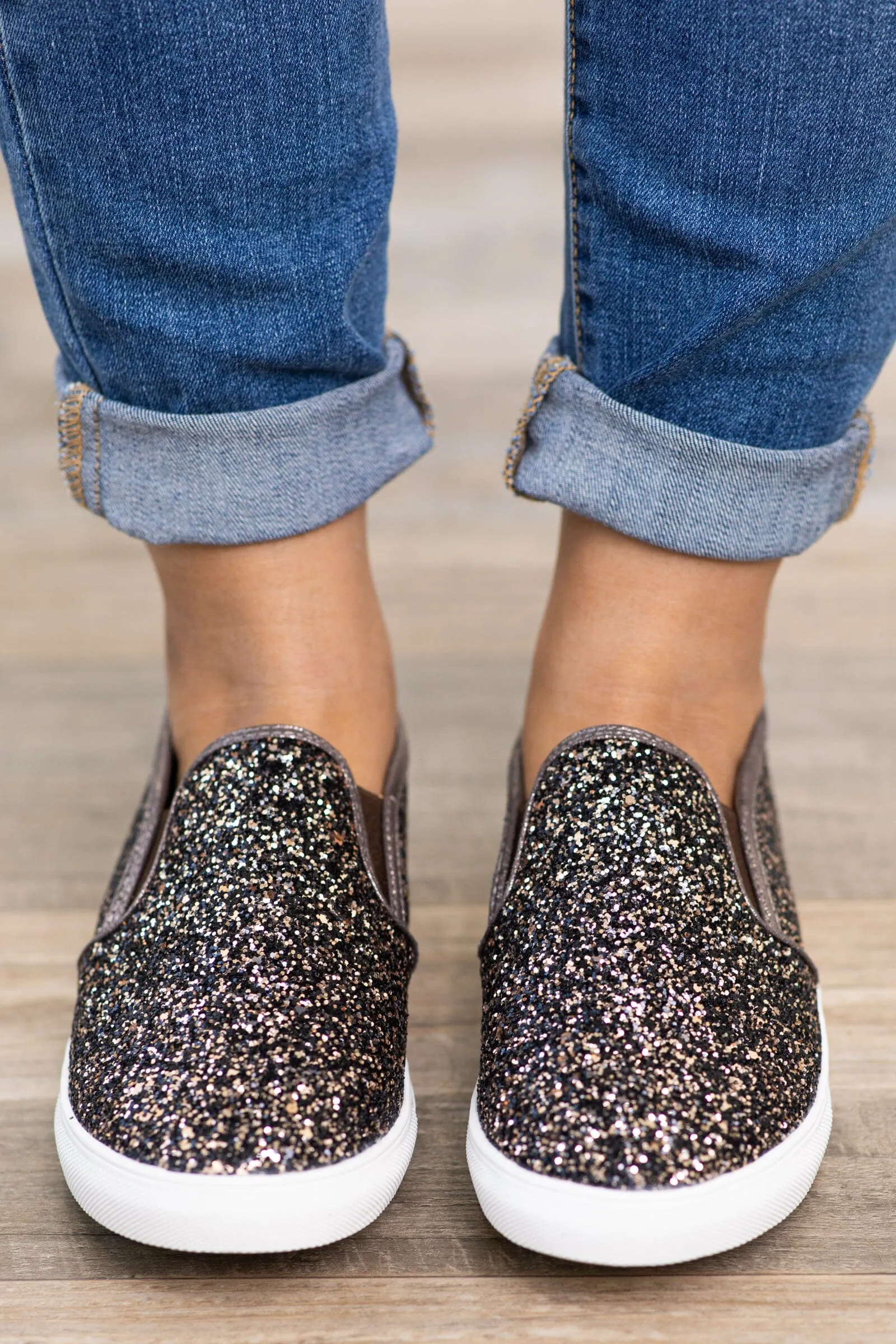 Black and Gold Glitter Slip On Sneakers
