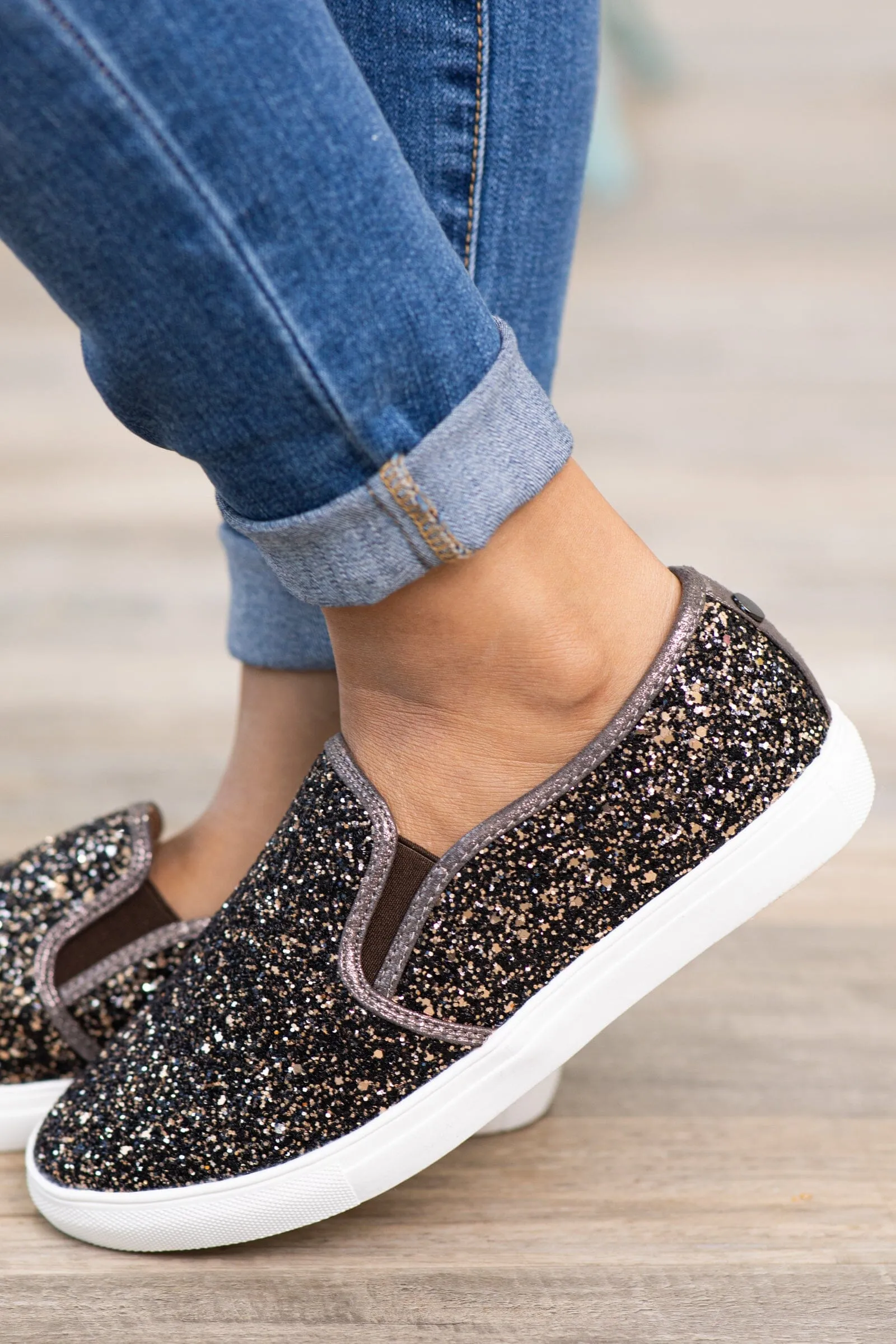 Black and Gold Glitter Slip On Sneakers