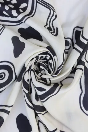 Black and Off White Oversized Abstract Floral Pattern Printed Natural Muslin Silk Fabric