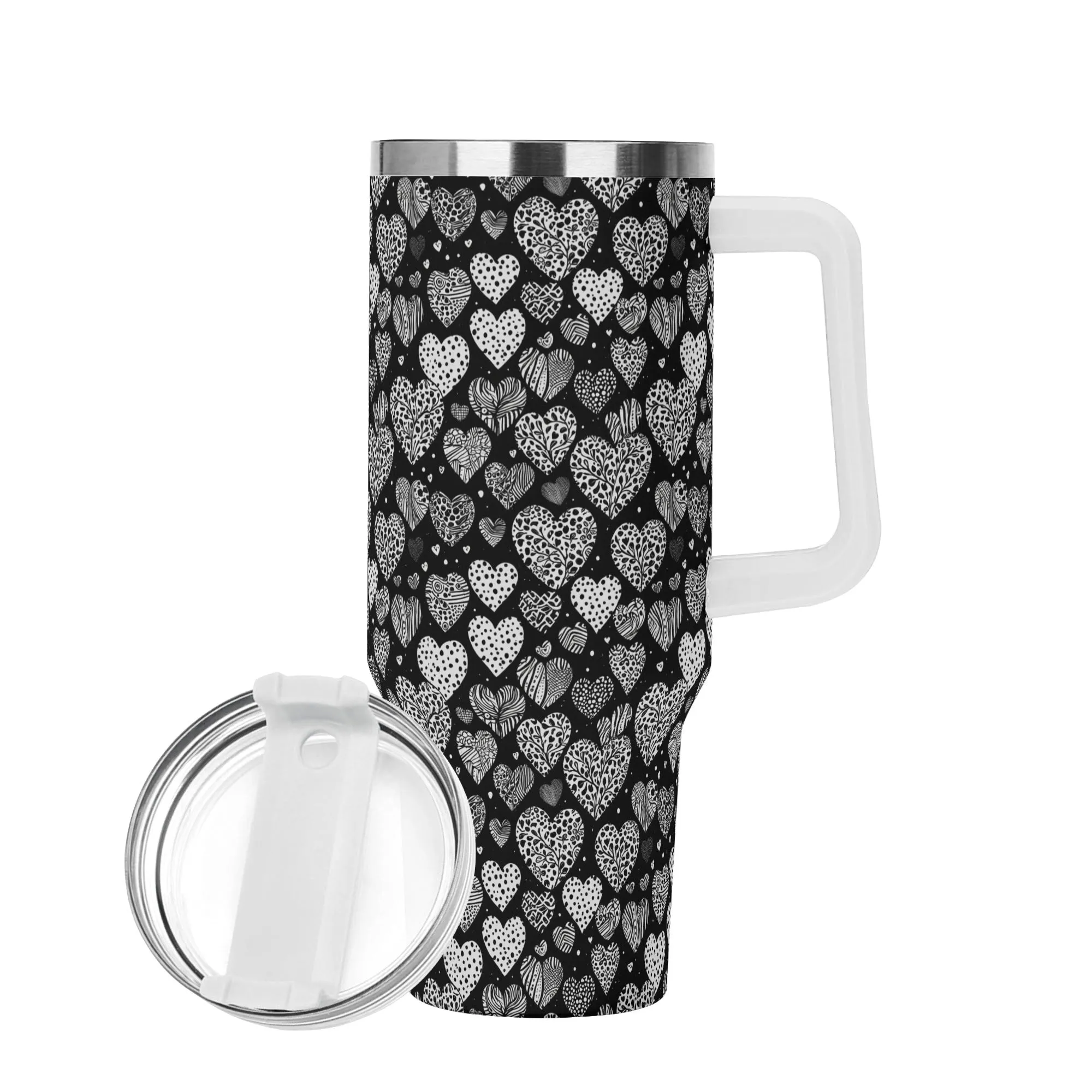 Black and White Hearts 40oz Stainless Steel Tumbler Gift With White Handle and Straw
