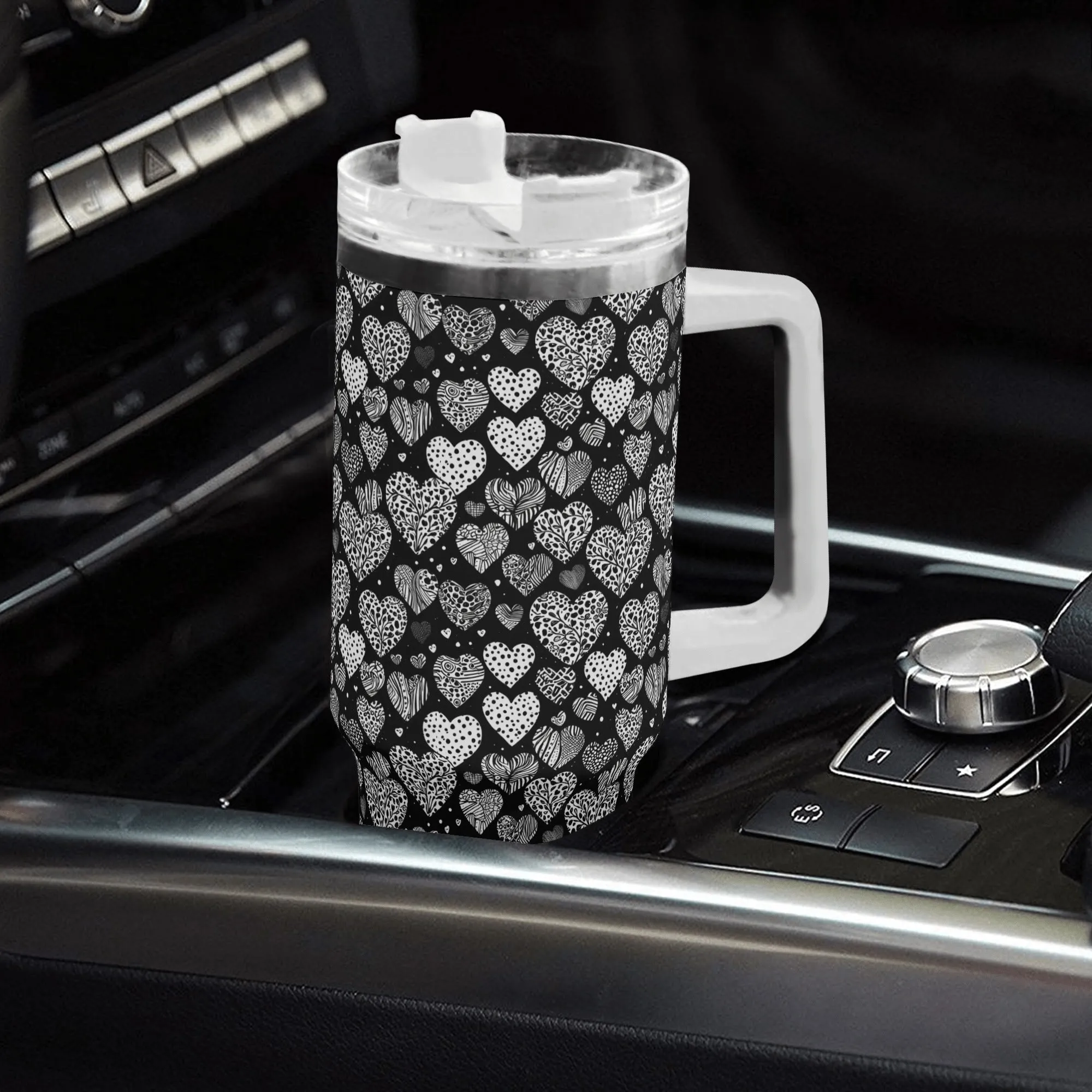 Black and White Hearts 40oz Stainless Steel Tumbler Gift With White Handle and Straw