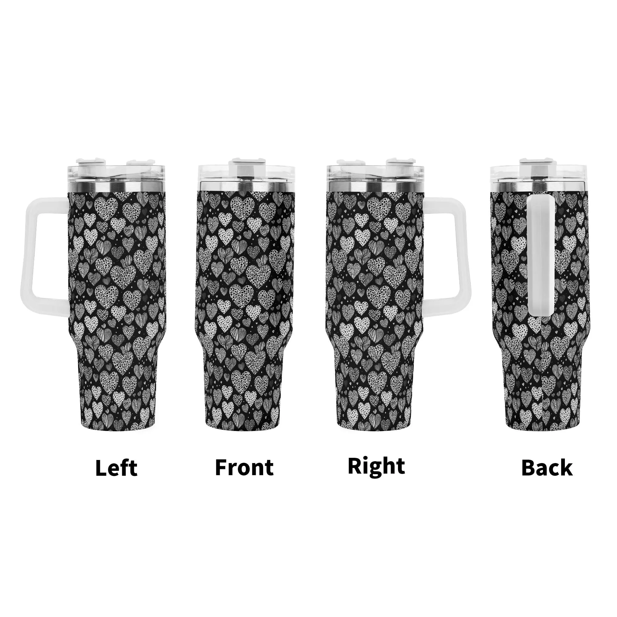 Black and White Hearts 40oz Stainless Steel Tumbler Gift With White Handle and Straw