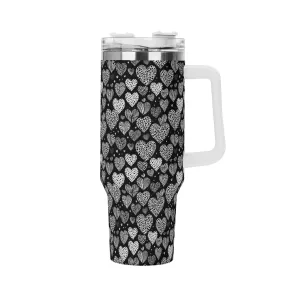 Black and White Hearts 40oz Stainless Steel Tumbler Gift With White Handle and Straw