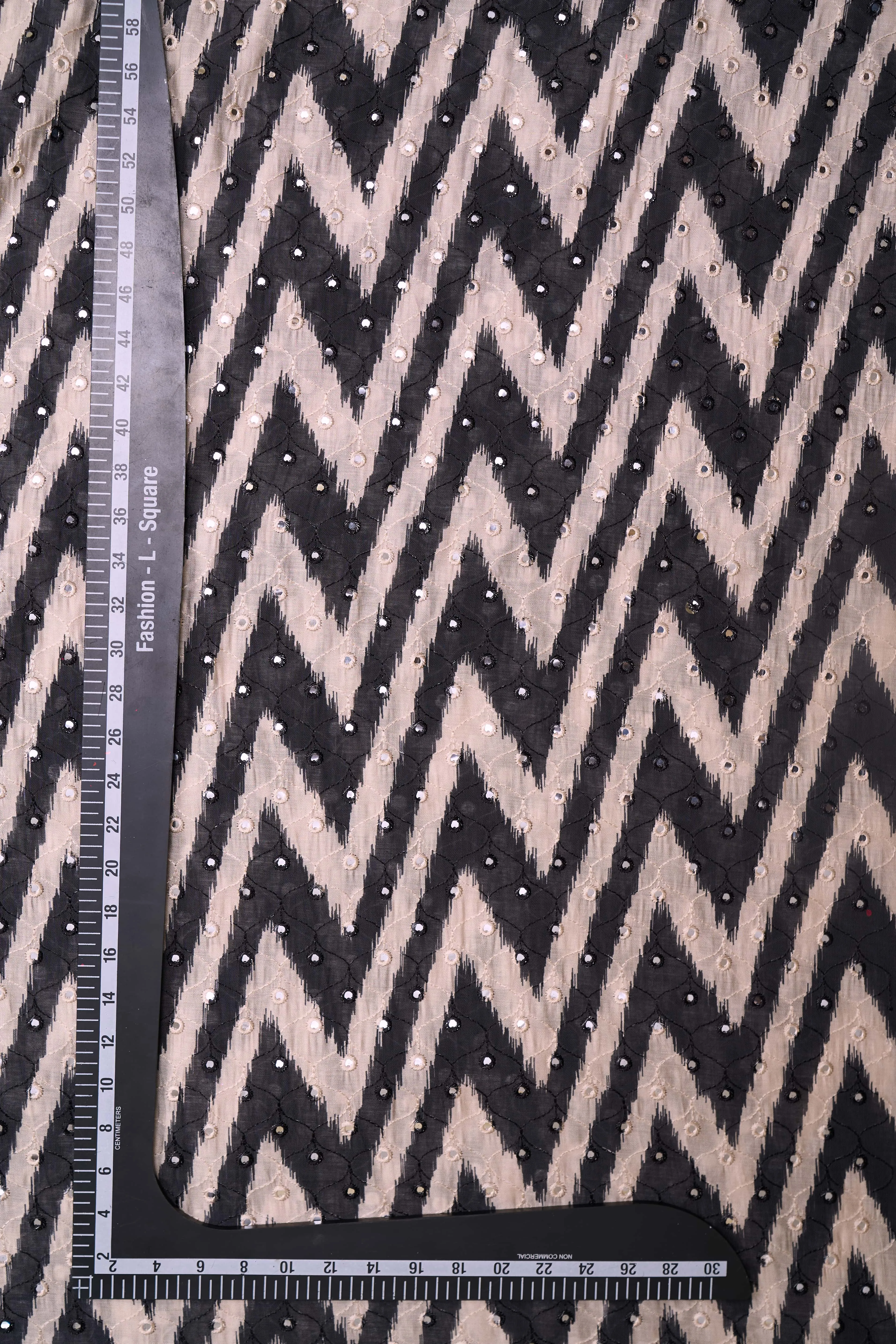 Black and White Summer ZIGZAG Pattern With Mirror Work Detailing Chanderi Fabric