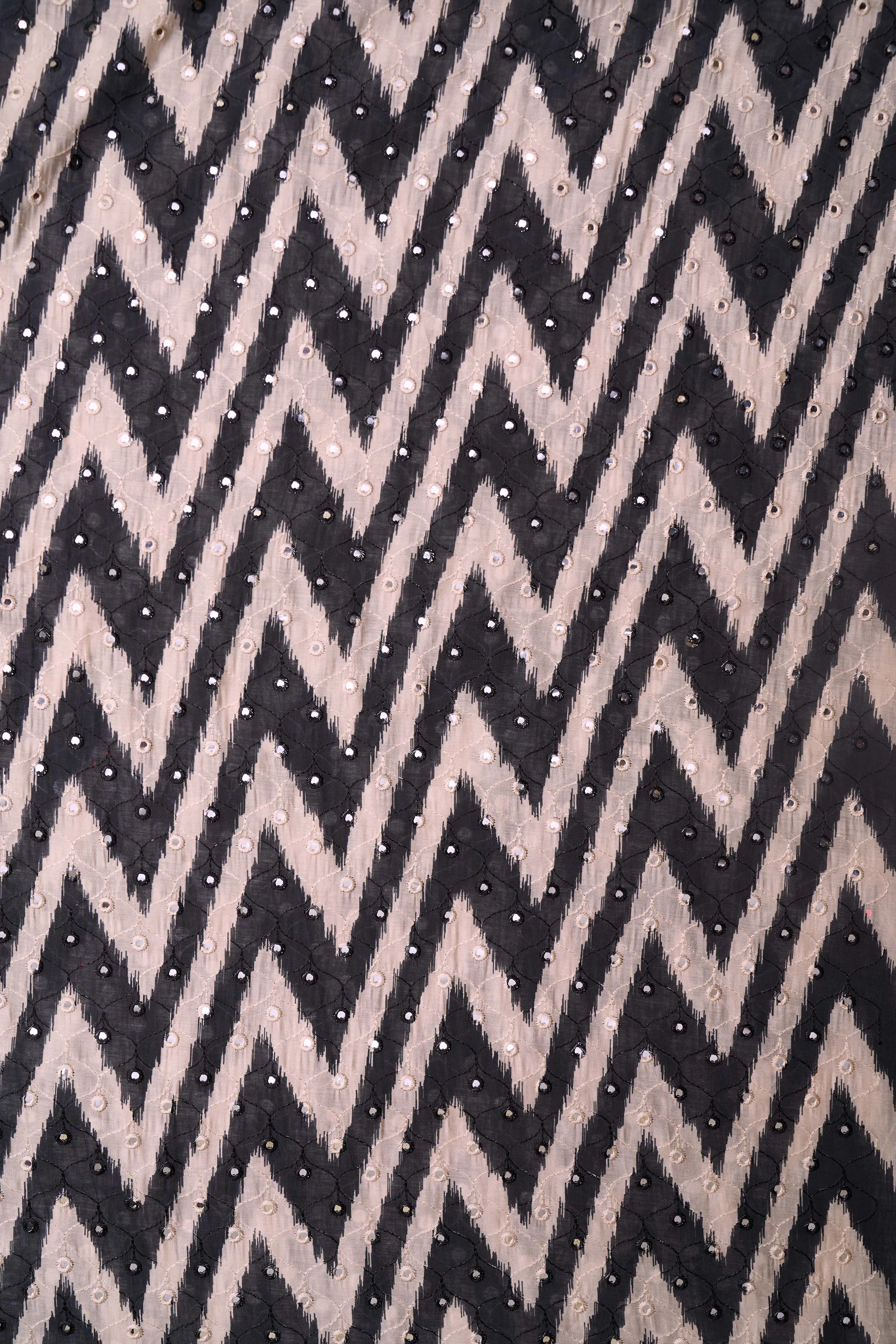 Black and White Summer ZIGZAG Pattern With Mirror Work Detailing Chanderi Fabric