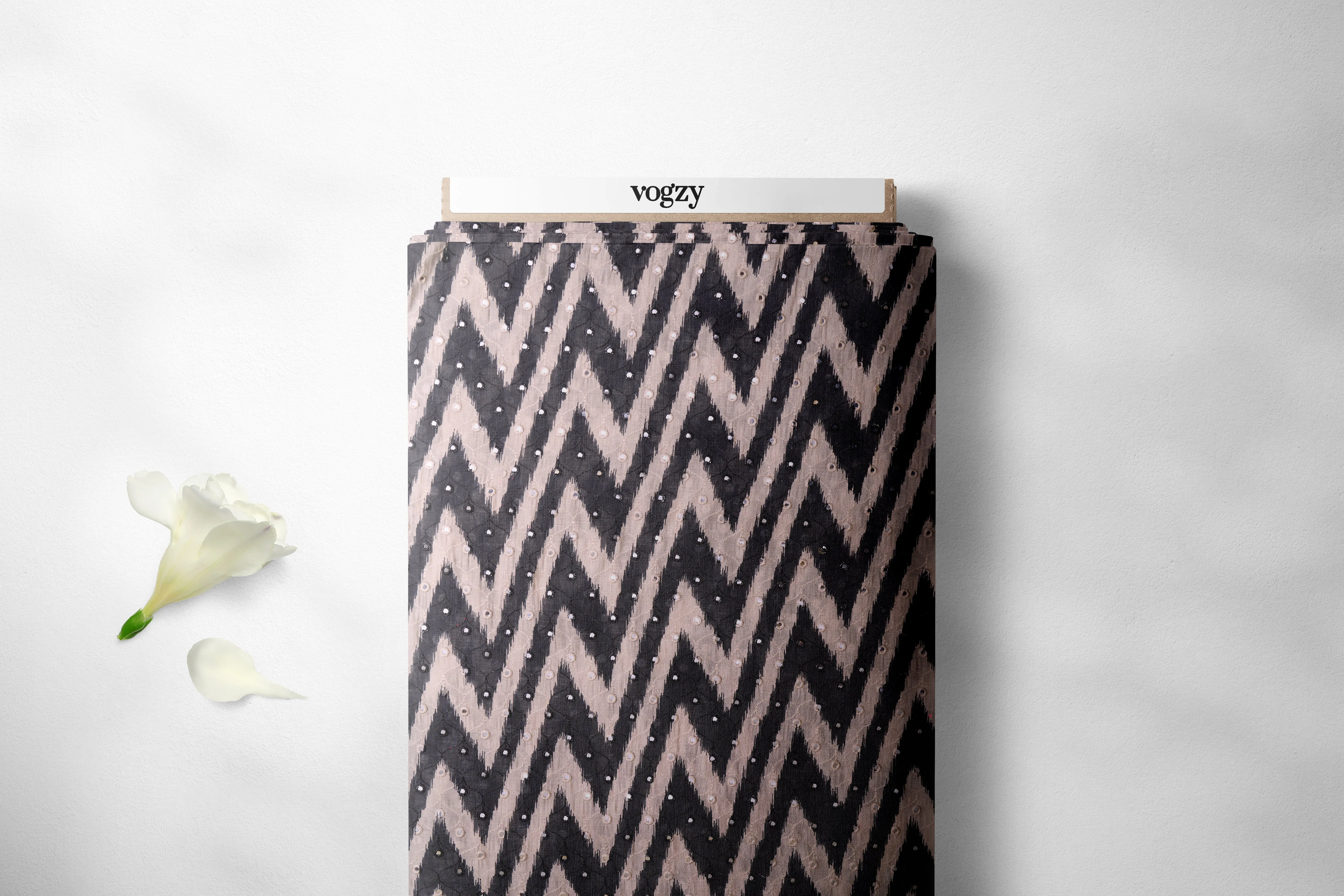 Black and White Summer ZIGZAG Pattern With Mirror Work Detailing Chanderi Fabric