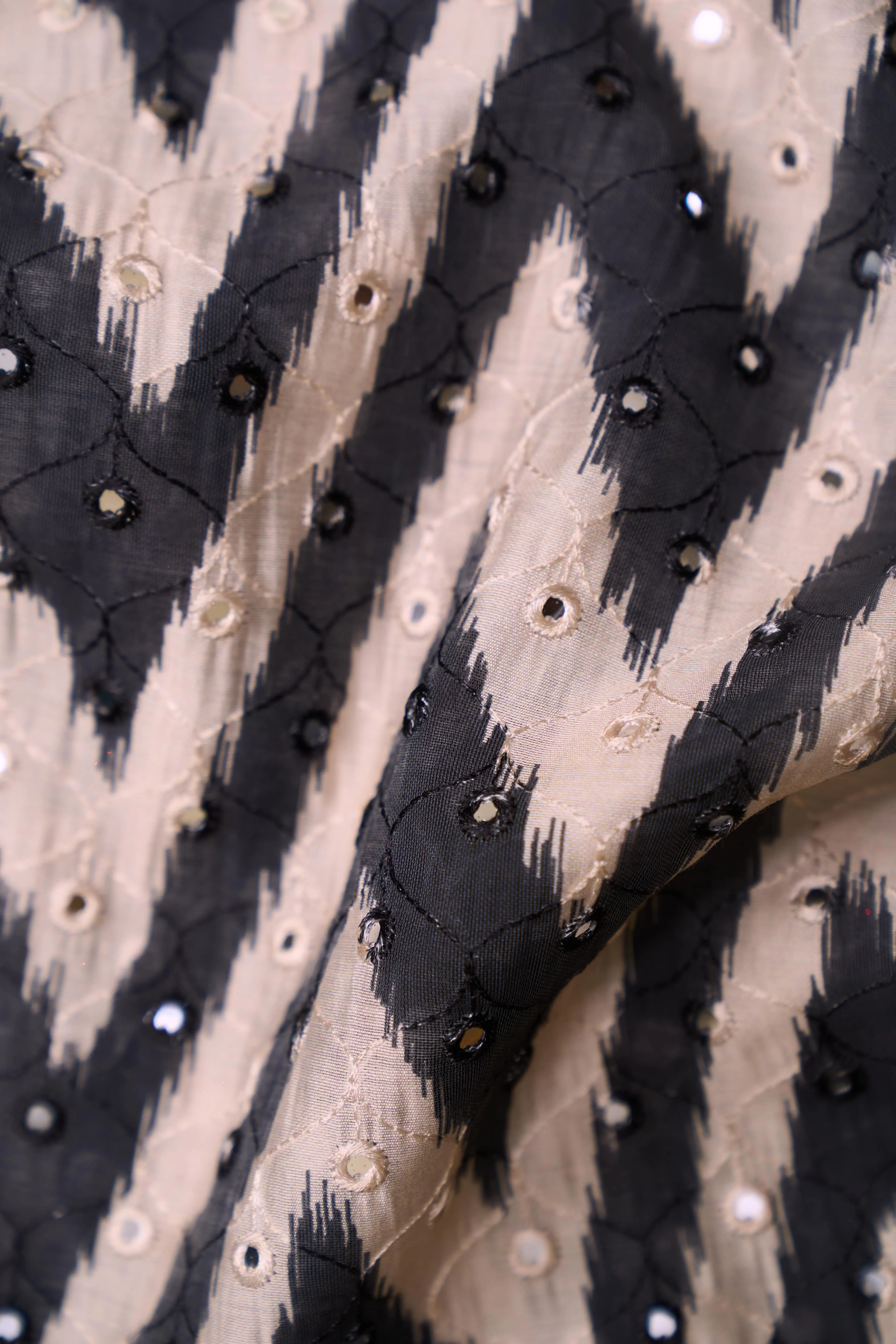 Black and White Summer ZIGZAG Pattern With Mirror Work Detailing Chanderi Fabric