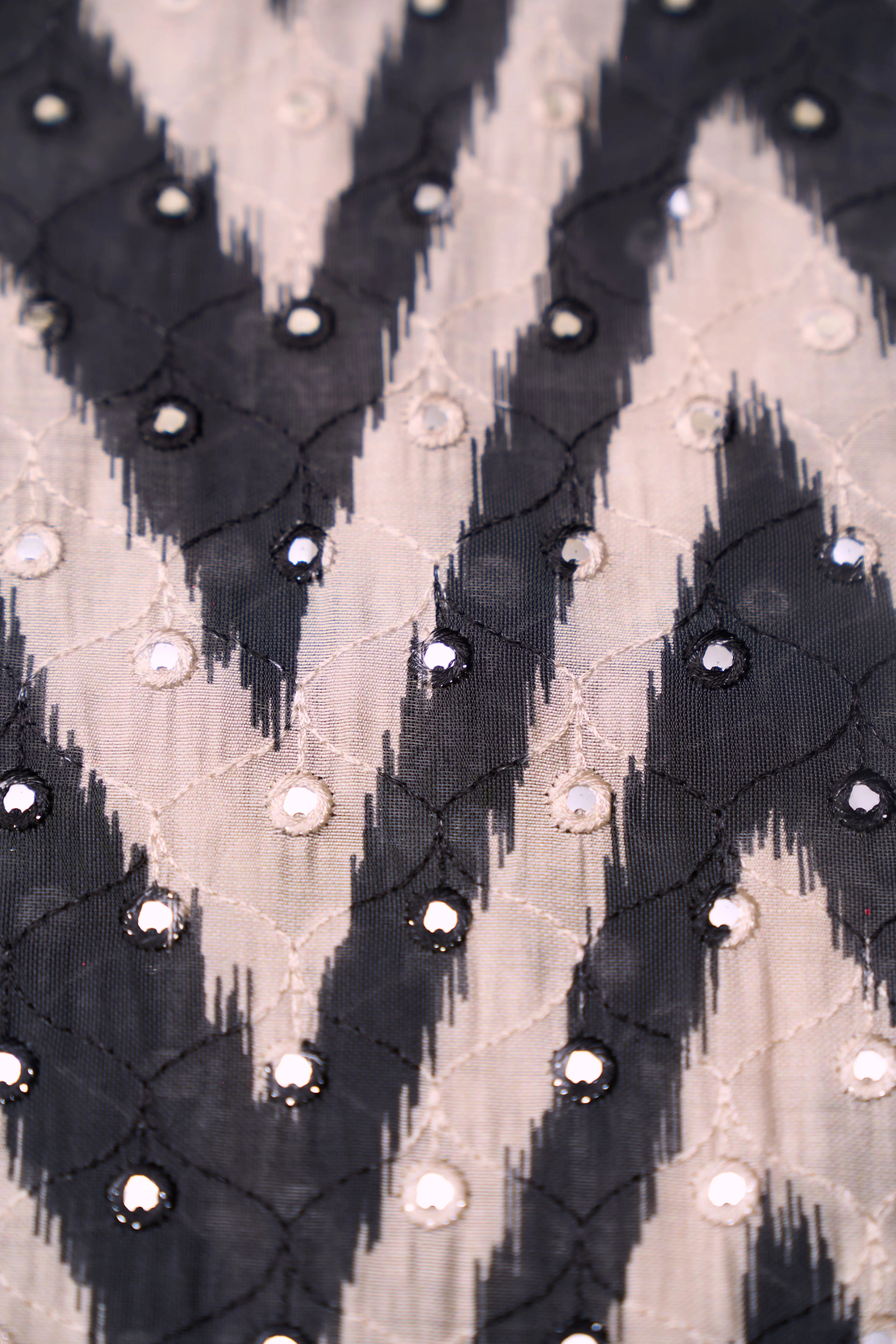 Black and White Summer ZIGZAG Pattern With Mirror Work Detailing Chanderi Fabric