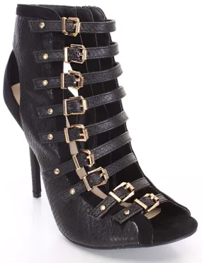 Black Buckle Strappy Ankle Booties Faux Vegan Leather
