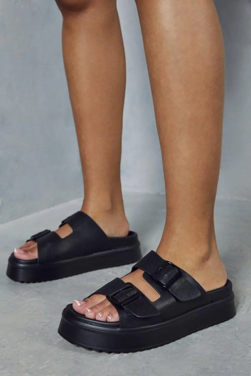 Black Chunky Plaited Double Strap Slider Sandals