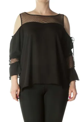 Black Cold-Shoulder See-Through Polka-Dot Long-Sleeve Blouse