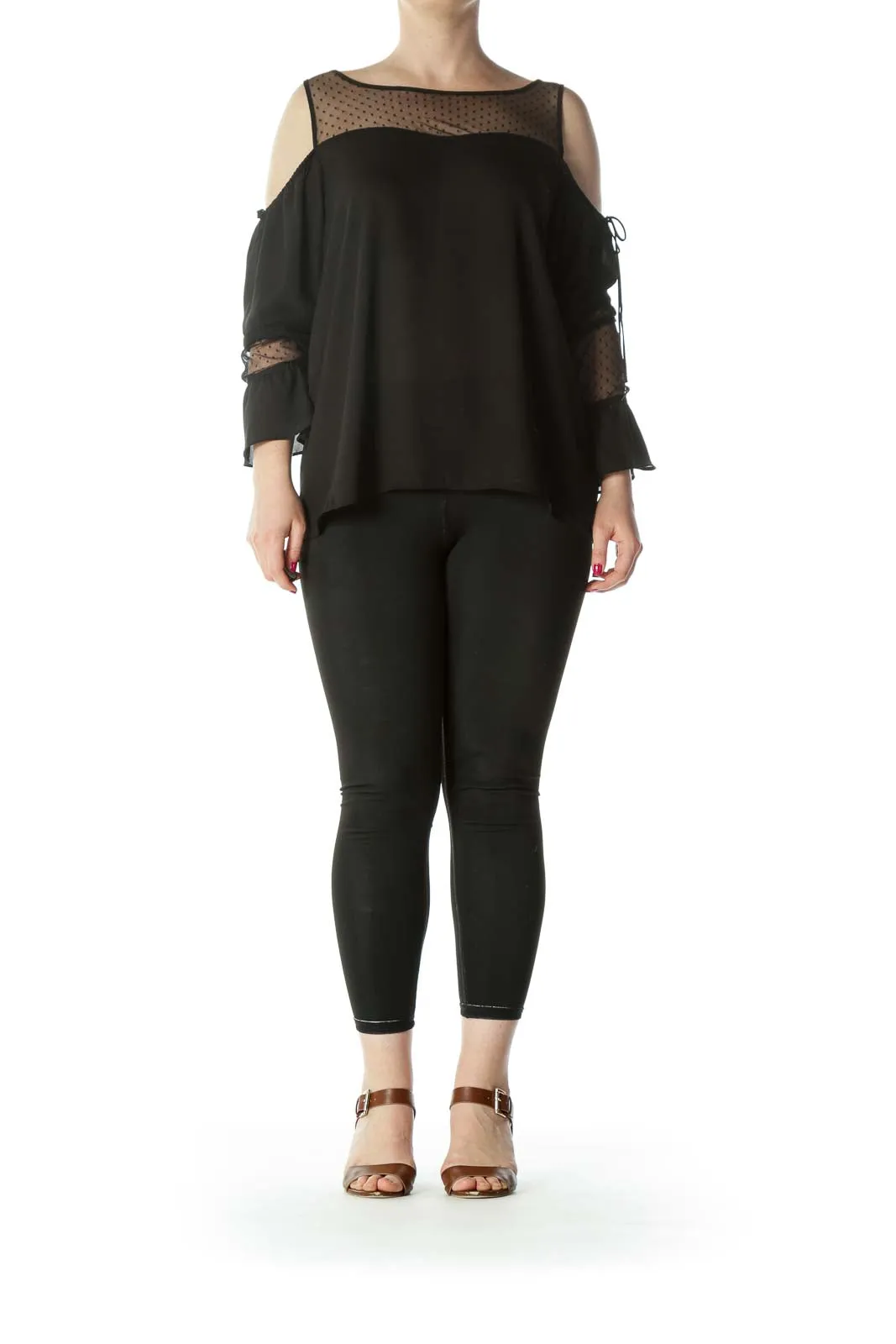 Black Cold-Shoulder See-Through Polka-Dot Long-Sleeve Blouse
