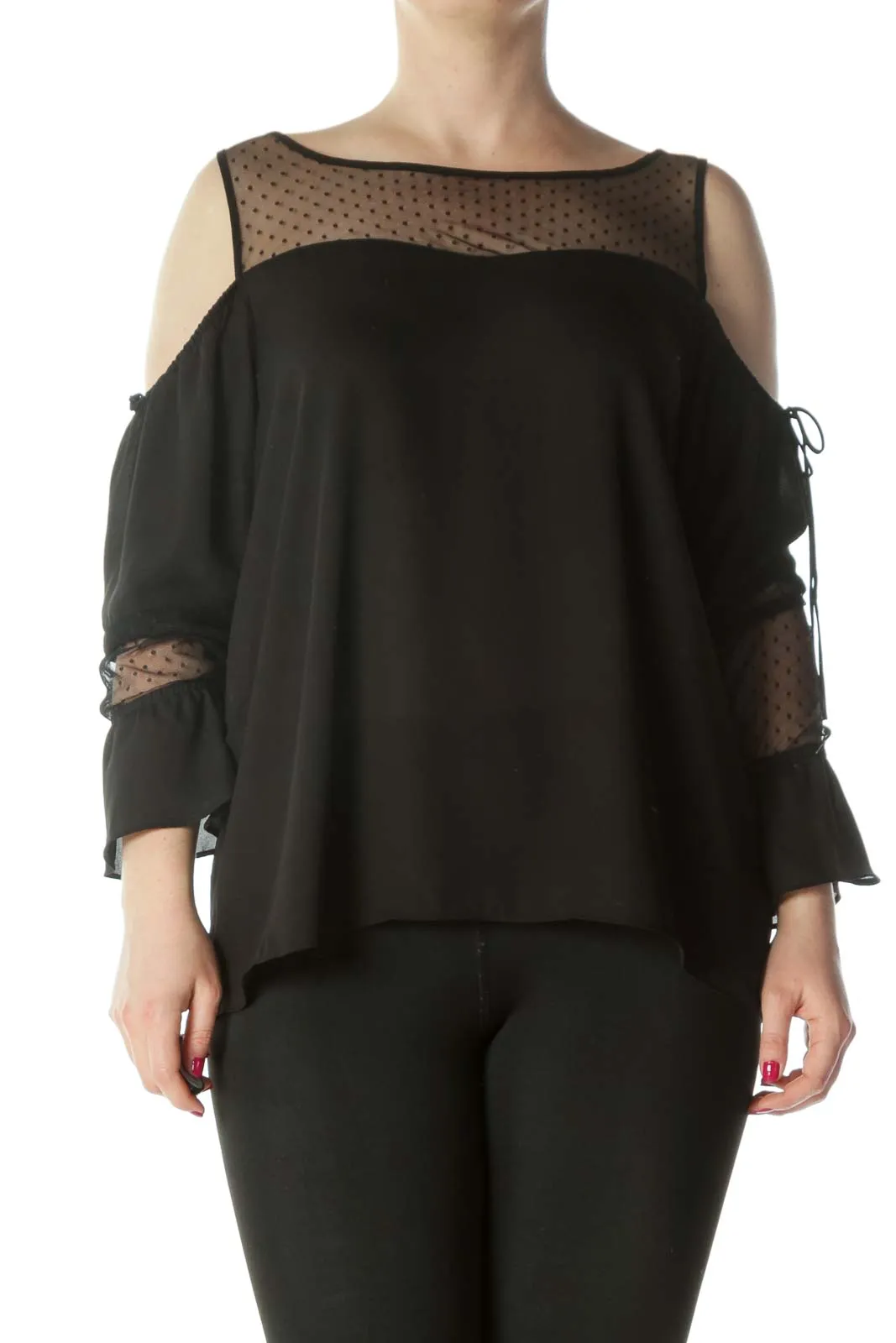 Black Cold-Shoulder See-Through Polka-Dot Long-Sleeve Blouse
