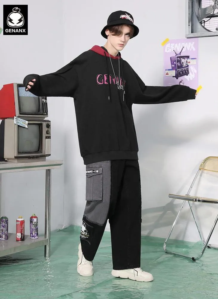 Black Contrast Color Spliced Graffiti Hoodies