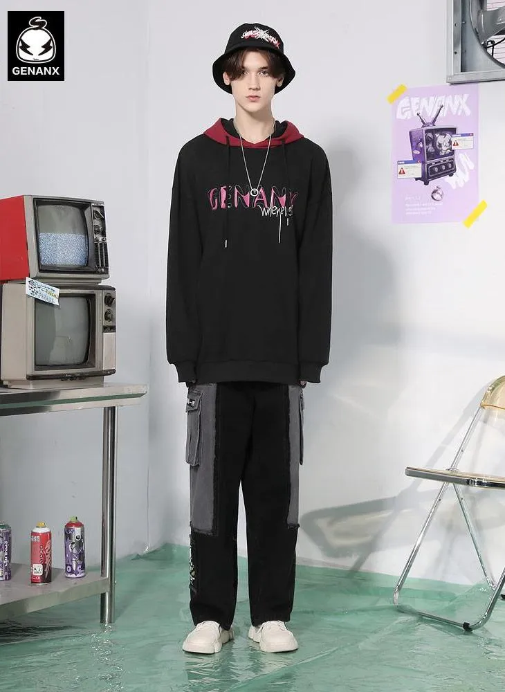 Black Contrast Color Spliced Graffiti Hoodies