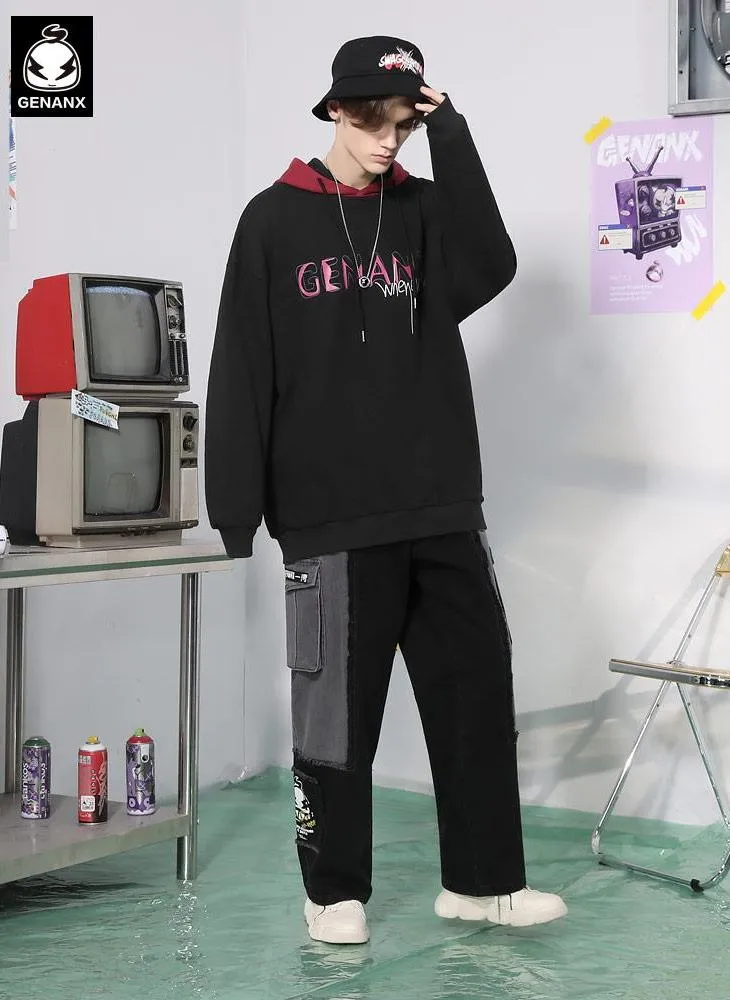 Black Contrast Color Spliced Graffiti Hoodies