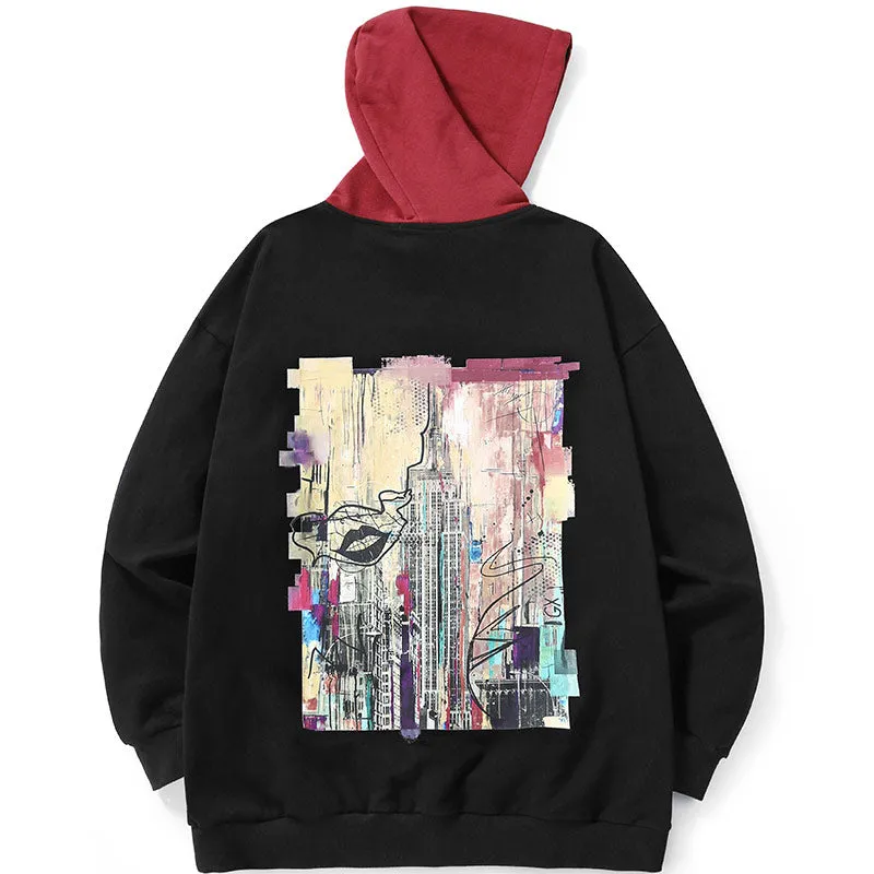 Black Contrast Color Spliced Graffiti Hoodies
