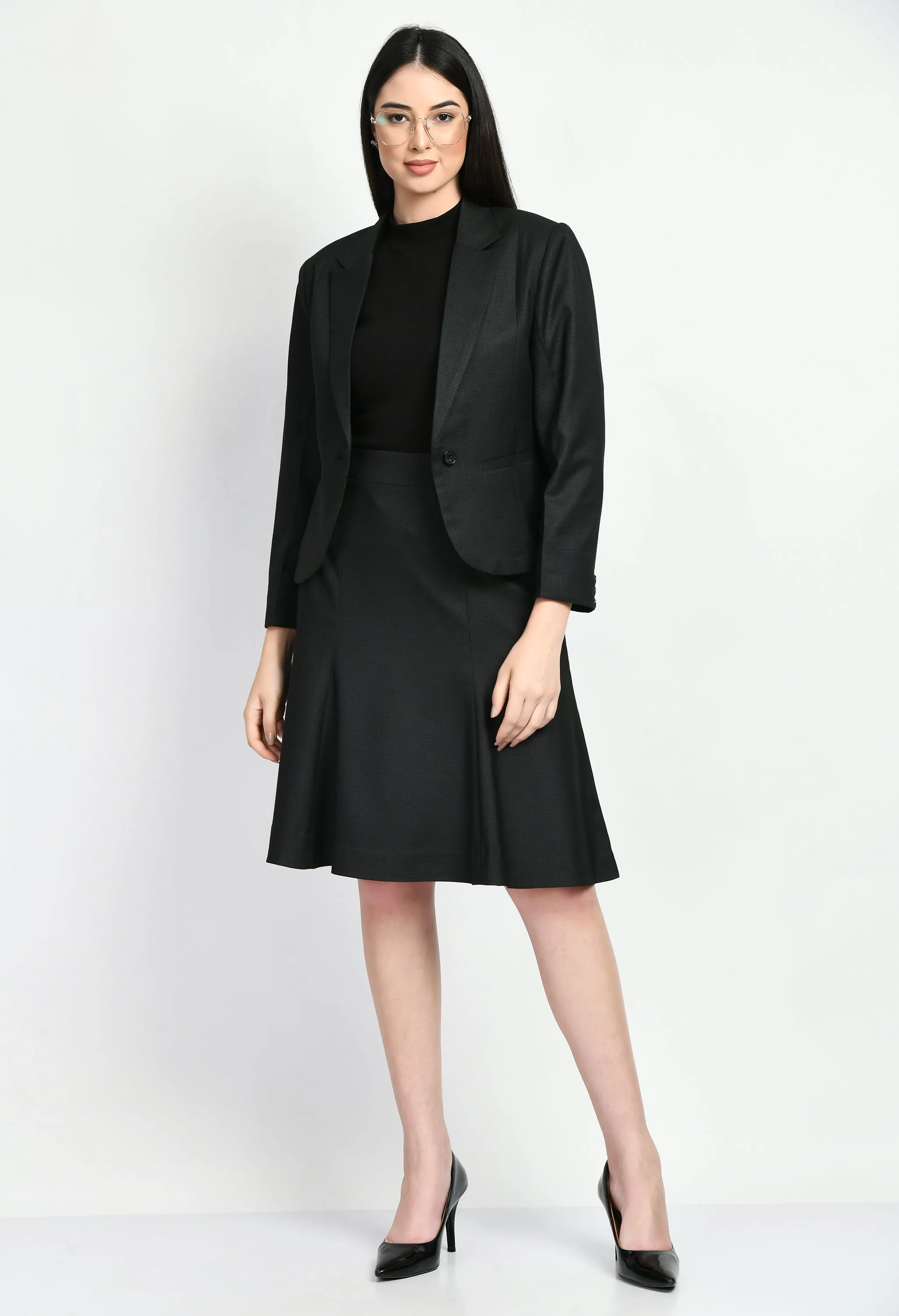 Black Cotton Blend Checked Single Breasted Short Blazer