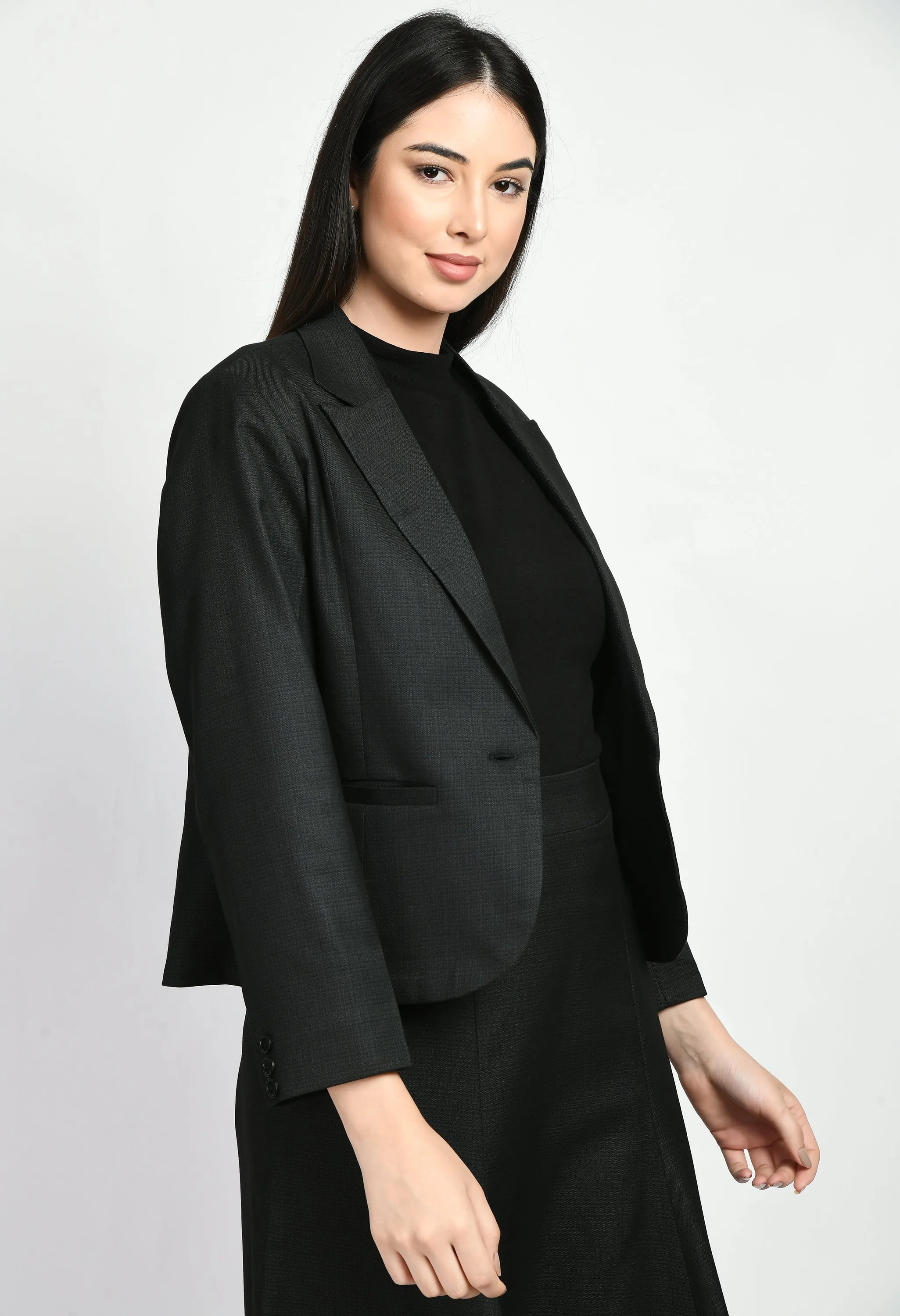 Black Cotton Blend Checked Single Breasted Short Blazer
