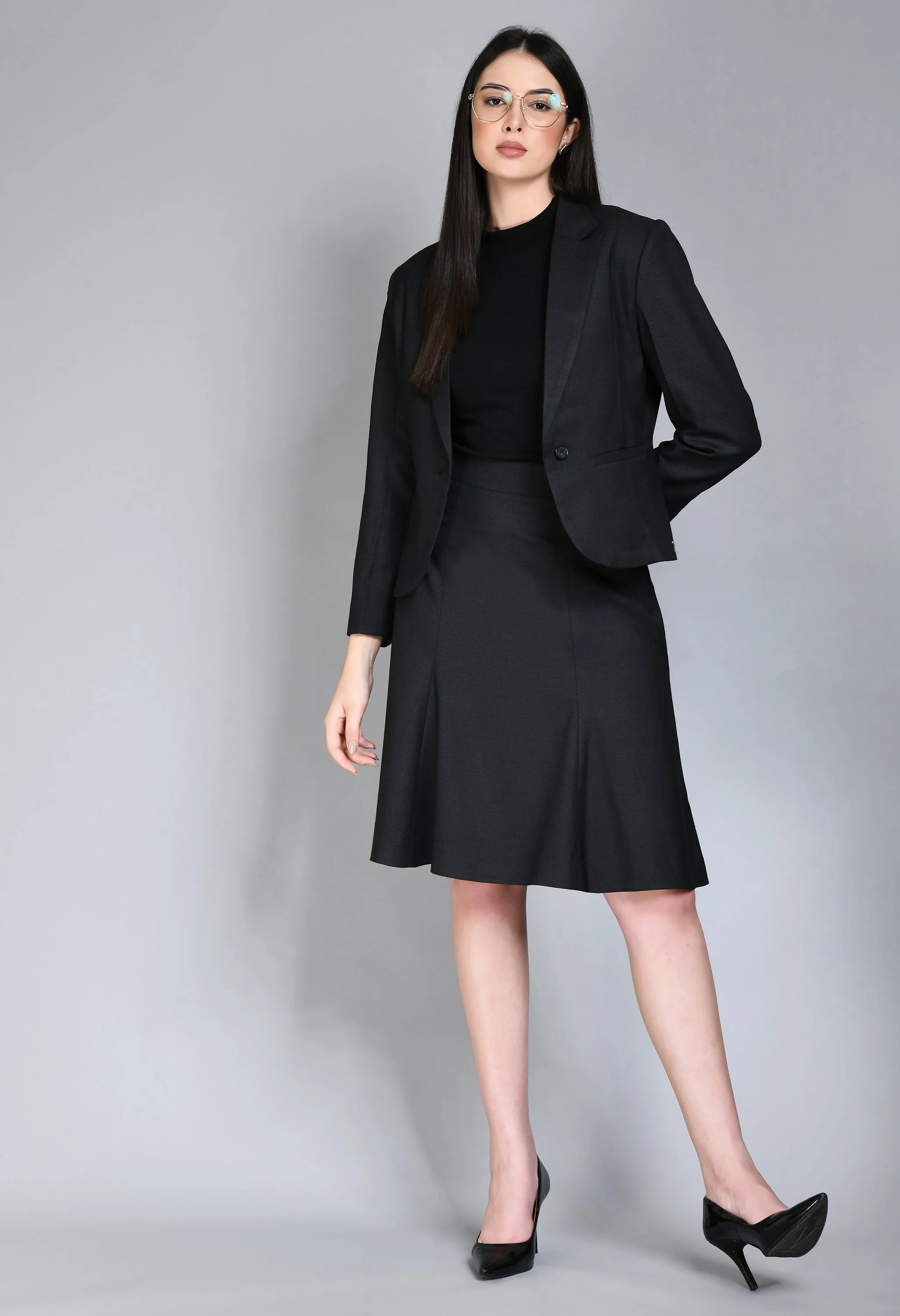 Black Cotton Blend Checked Single Breasted Short Blazer