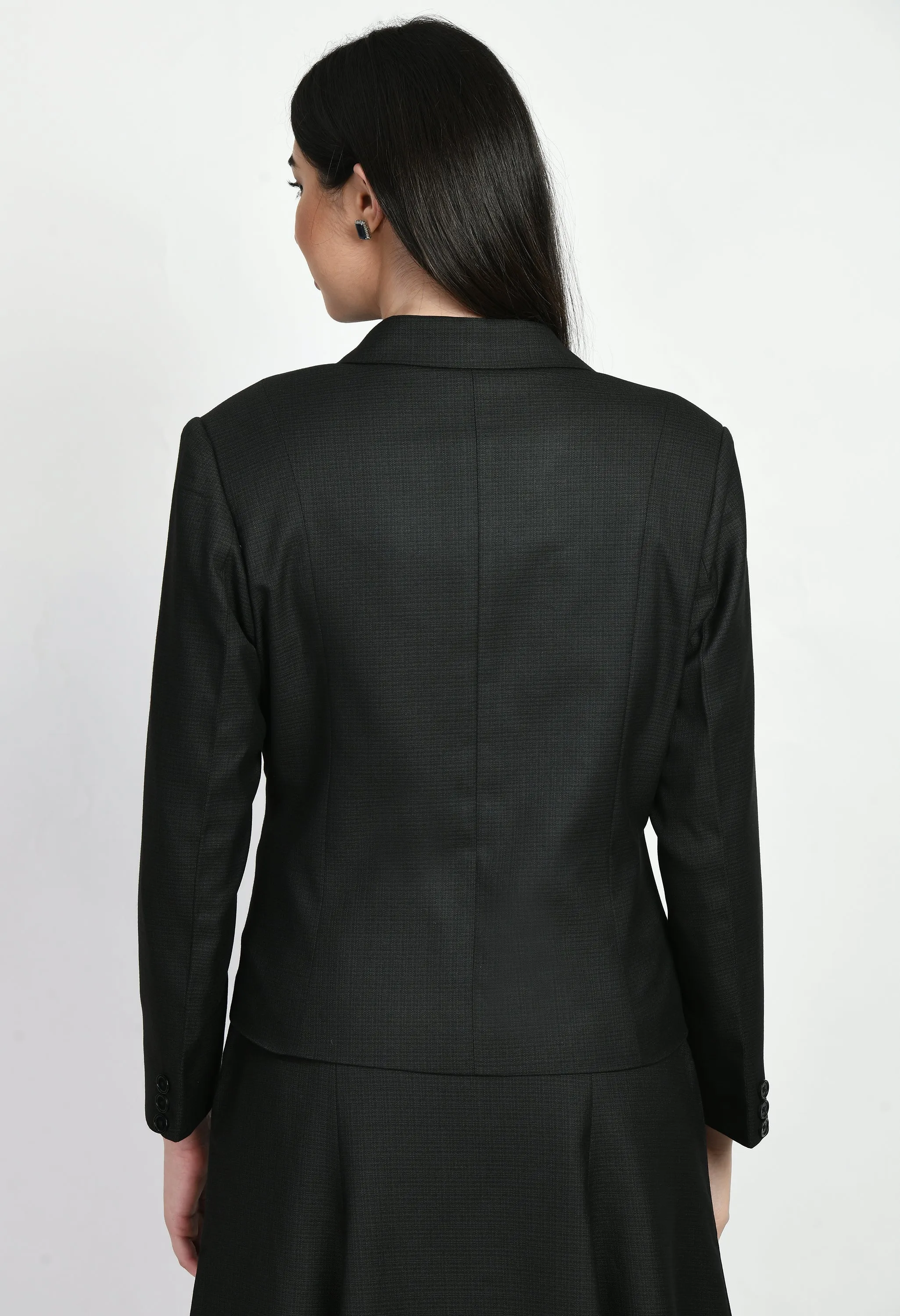 Black Cotton Blend Checked Single Breasted Short Blazer