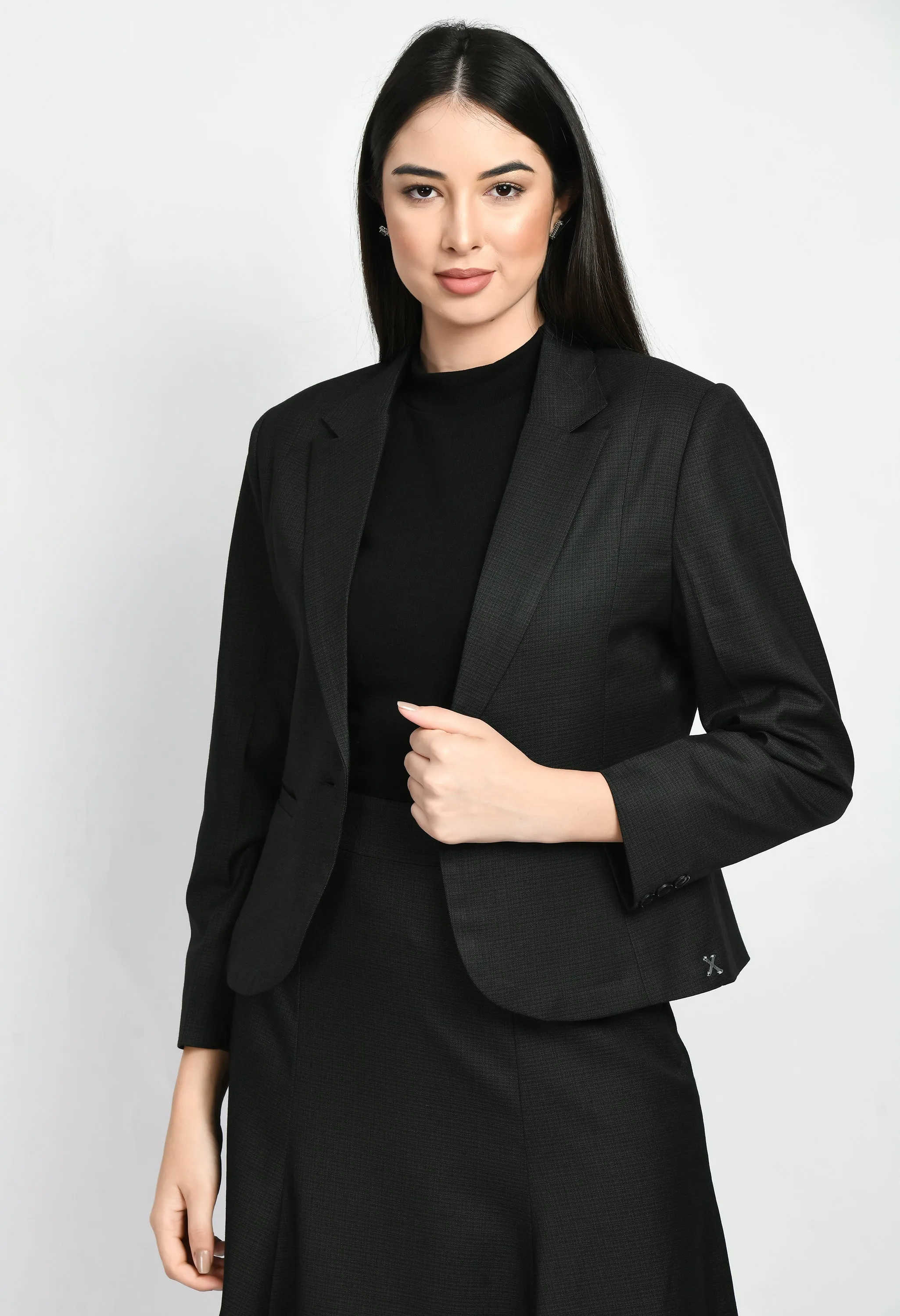 Black Cotton Blend Checked Single Breasted Short Blazer