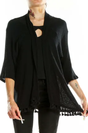 Black Cotton Knit Cardigan with Tassels