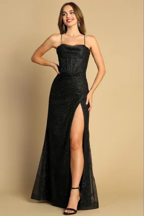 Black Cowl Neck High Slit Metallic Glitter Sheath Dress
