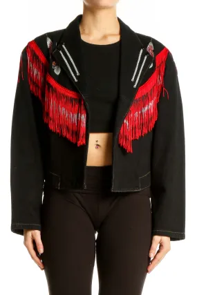 Black Denim Jacket with Red Fringe