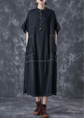 Black Denim Vacation Dresses Stand Collar Pockets Summer LY7035