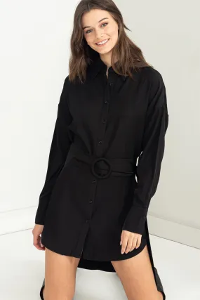 Black Easy Win Button-Up Belted Shirt Dress