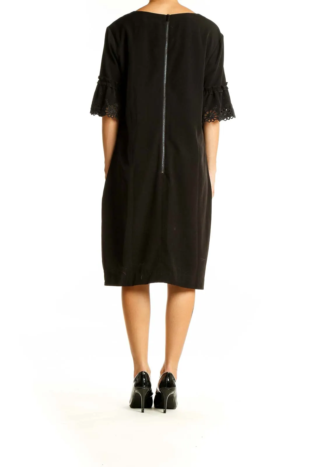 Black Elegant Shift Dress with Lace Bell Sleeves