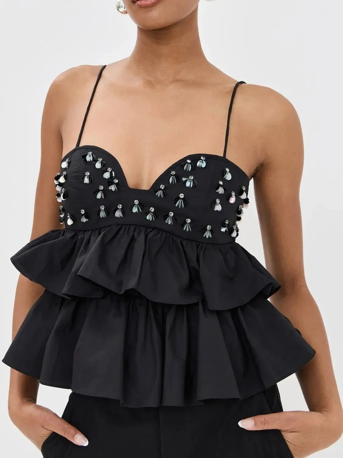 Black Embellished Tiered Peplum Camisole Top