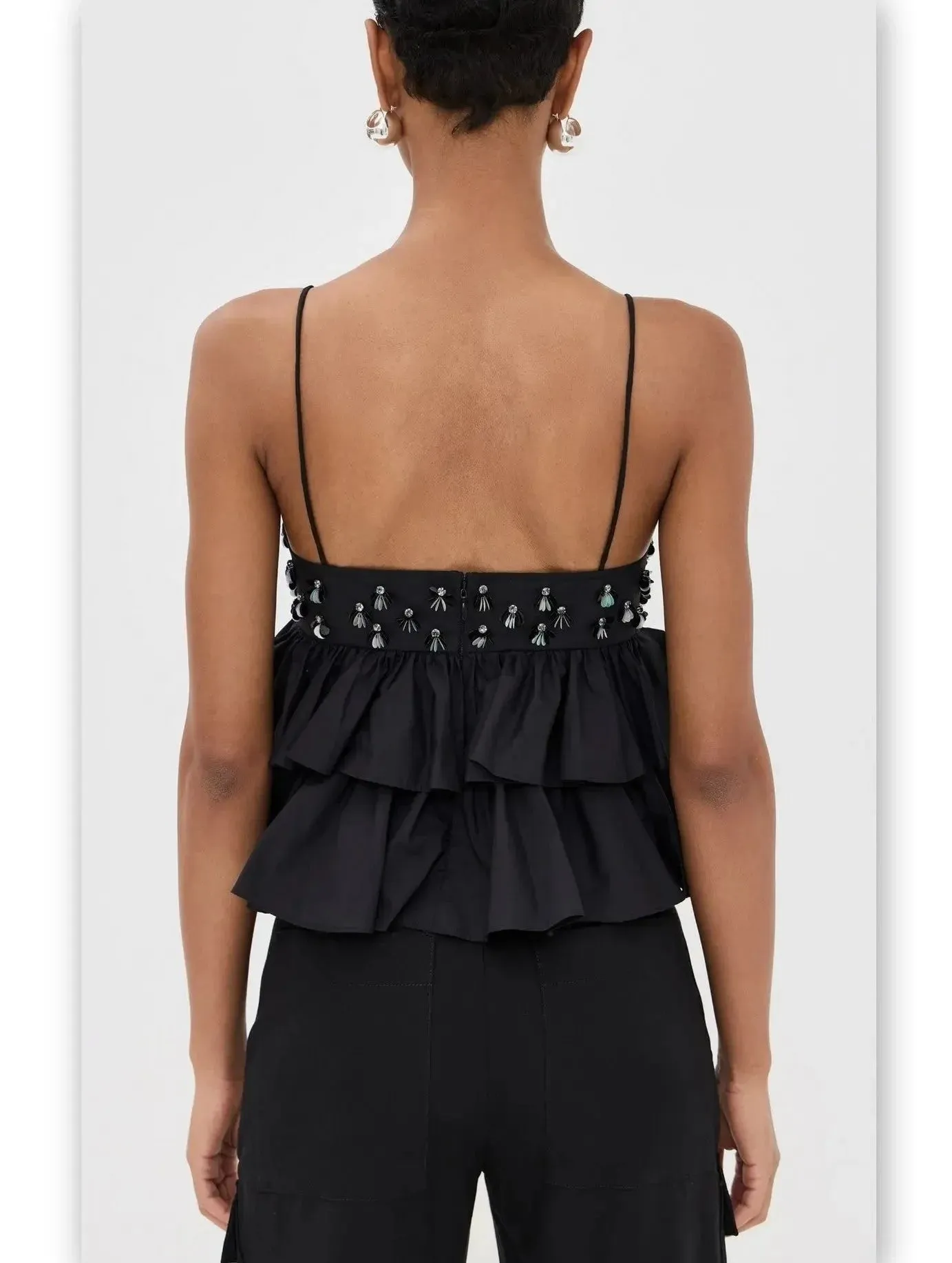 Black Embellished Tiered Peplum Camisole Top