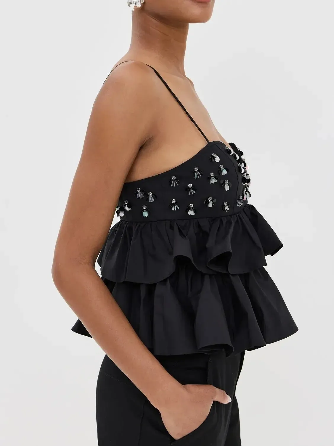 Black Embellished Tiered Peplum Camisole Top