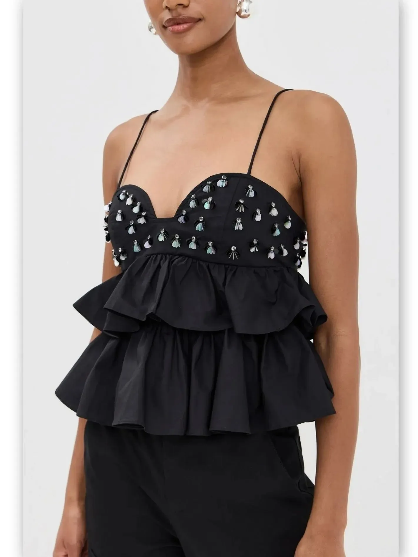 Black Embellished Tiered Peplum Camisole Top