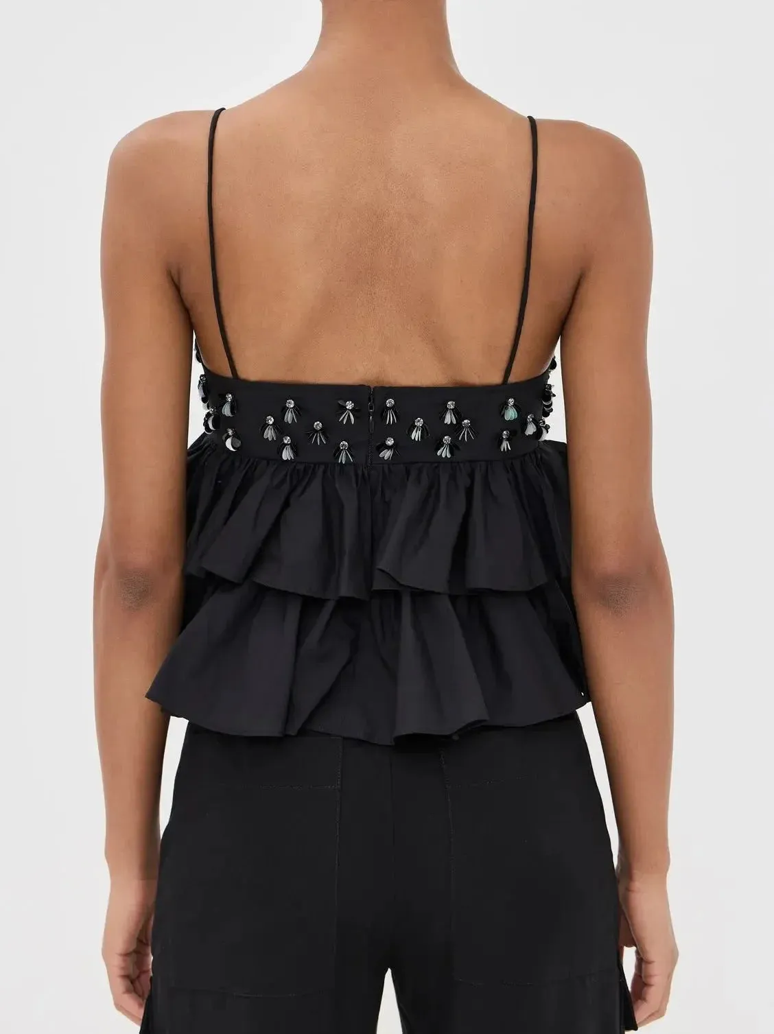 Black Embellished Tiered Peplum Camisole Top