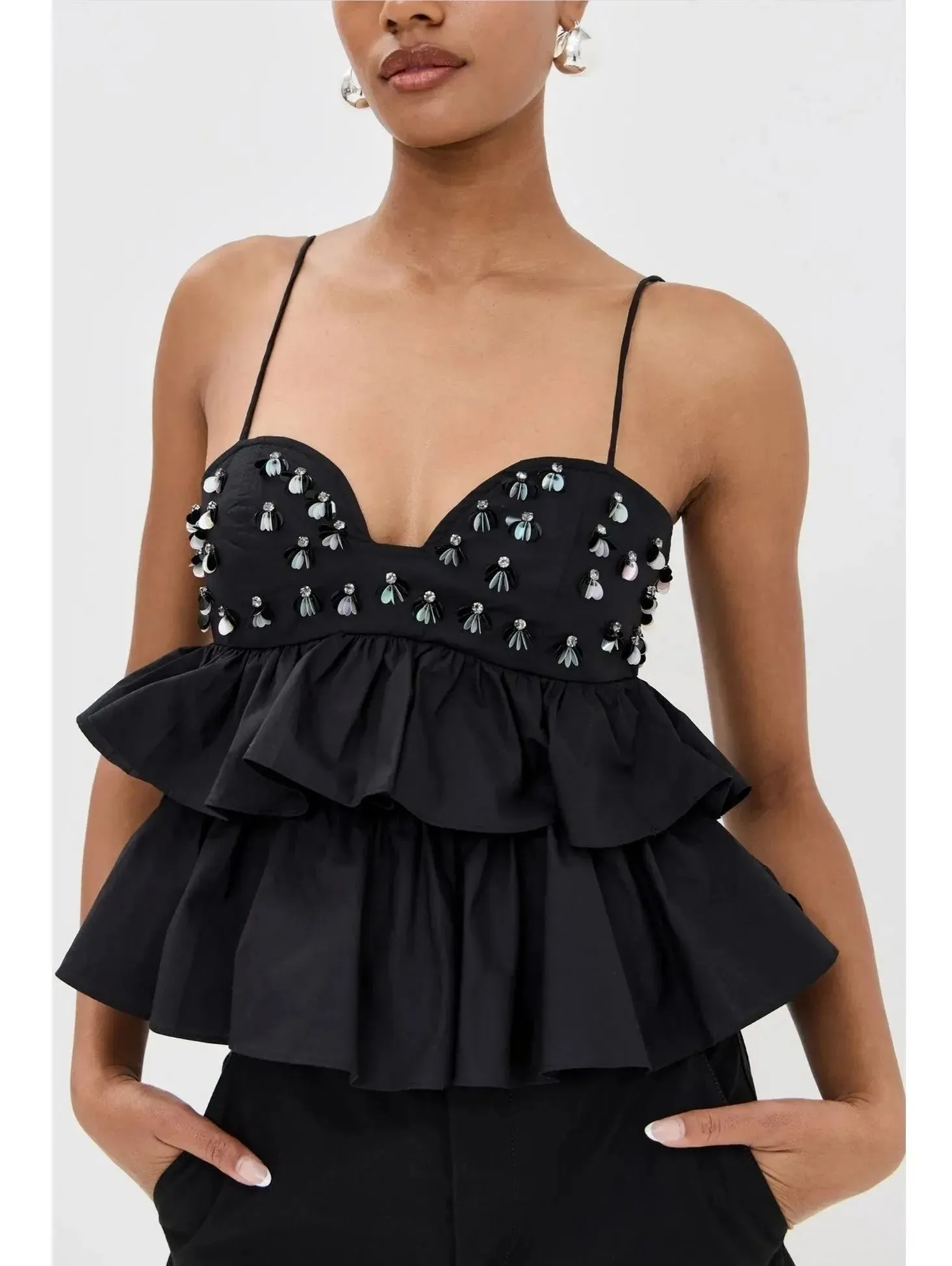 Black Embellished Tiered Peplum Camisole Top