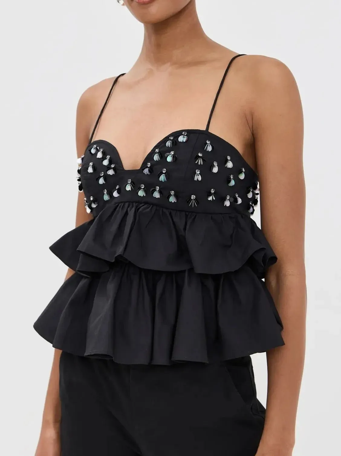 Black Embellished Tiered Peplum Camisole Top