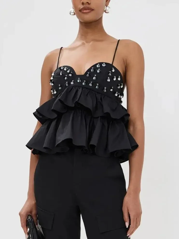 Black Embellished Tiered Peplum Camisole Top