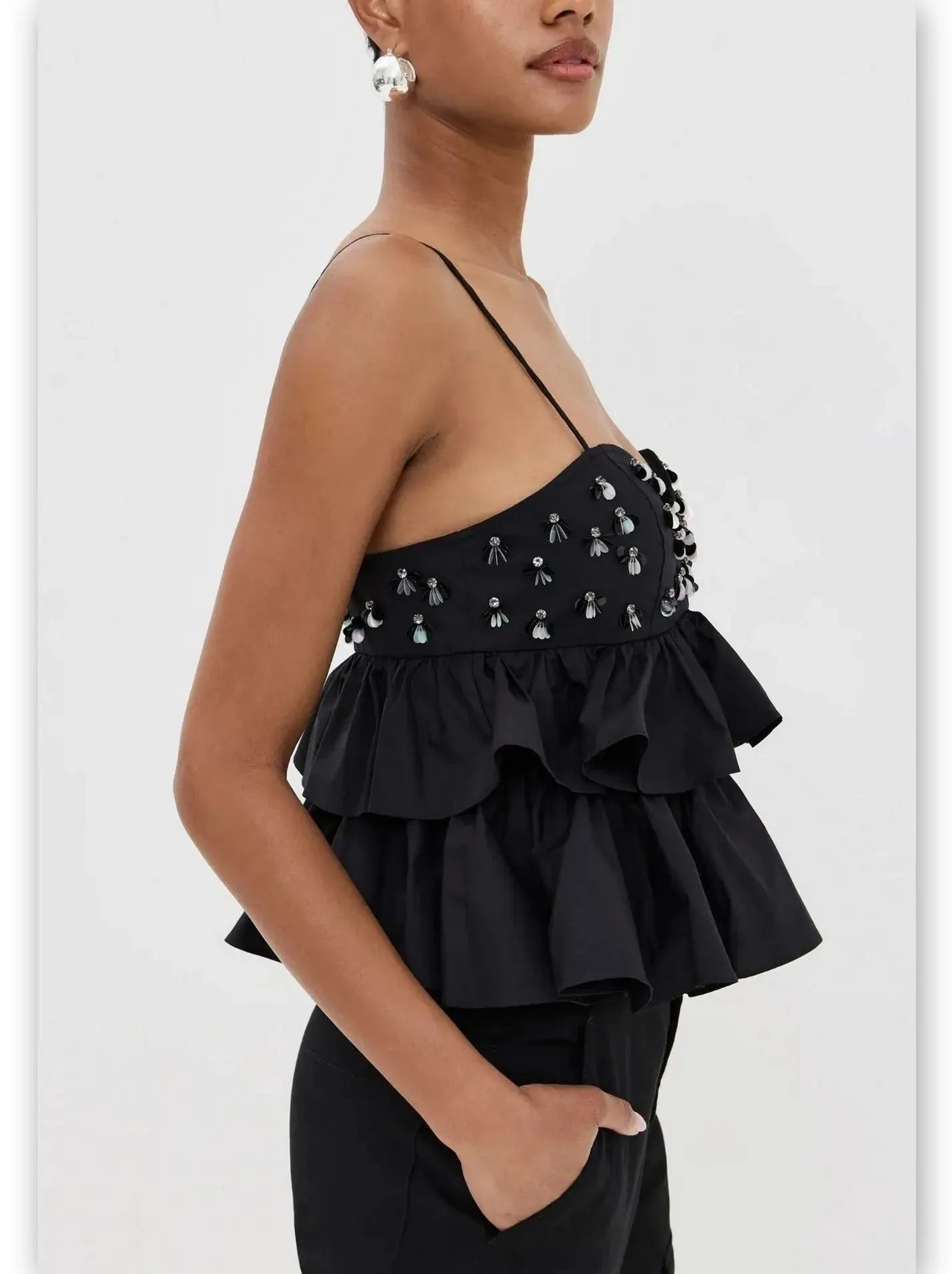 Black Embellished Tiered Peplum Camisole Top