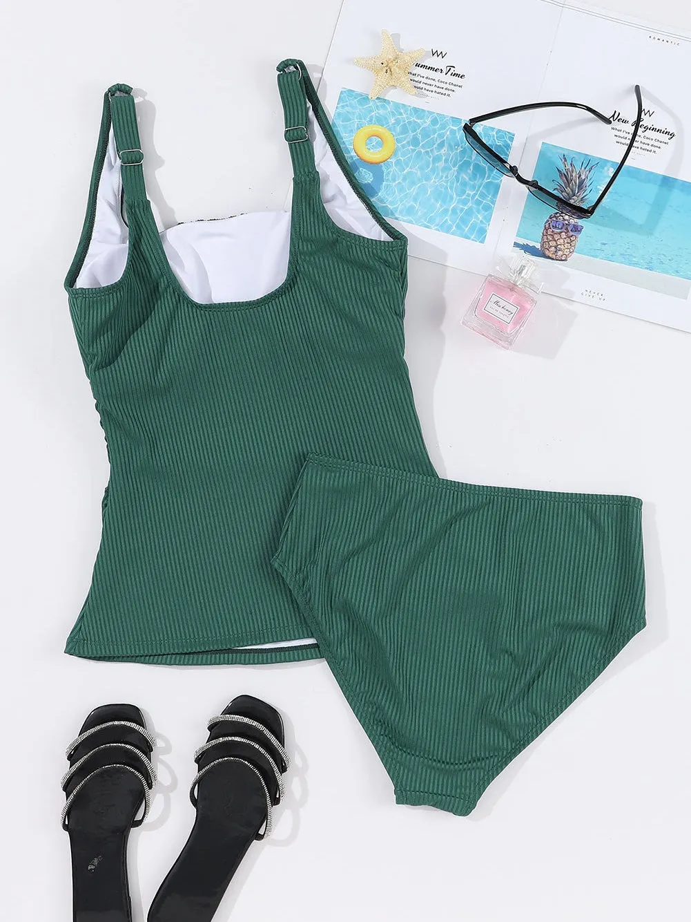 Black Emerald Ruched U Neck Ribbed Tankini