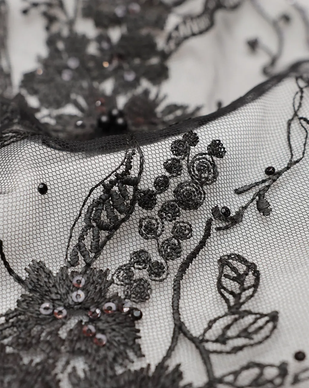 BLACK FLORAL EMBROIDERY POLYESTER NET DESIGNER FABRIC (WIDTH 56 INCHES)