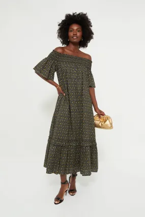 Black Floral Shirred Capri Maxi Dress