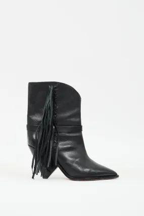 Black Fringed Leather Loffen Ankle Boot