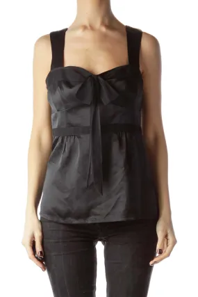 Black Front Bow Detail Sleeveless Silk Top