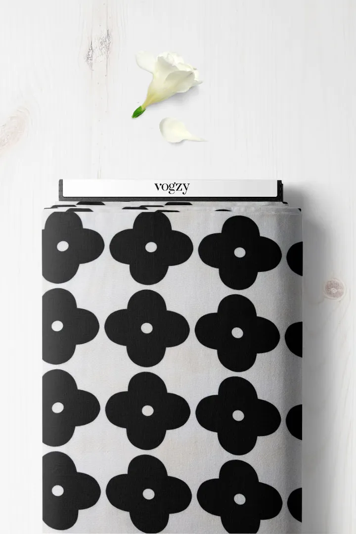 Black Geo Floral Pattern Printed Natural Muslin Silk Fabric