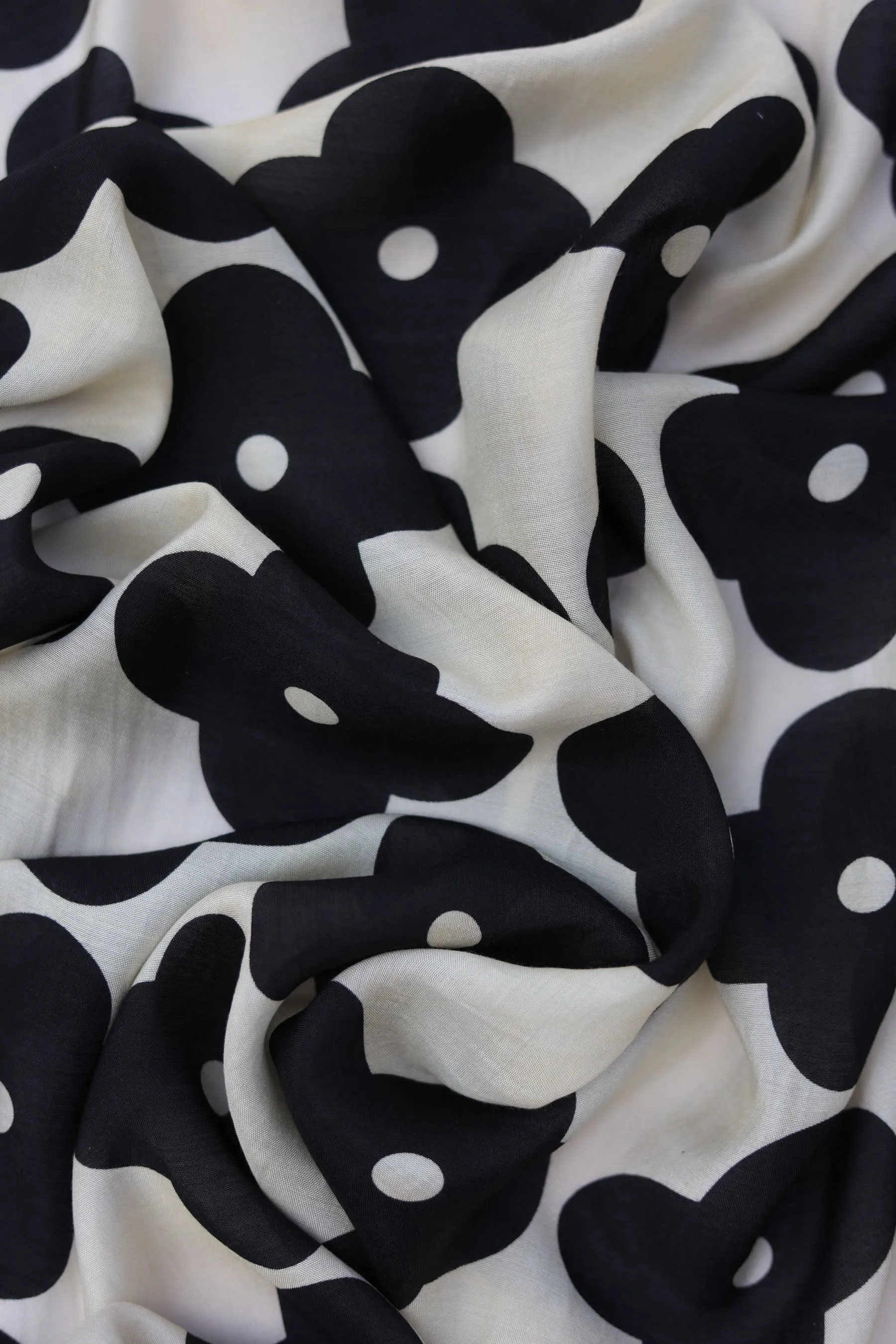 Black Geo Floral Pattern Printed Natural Muslin Silk Fabric