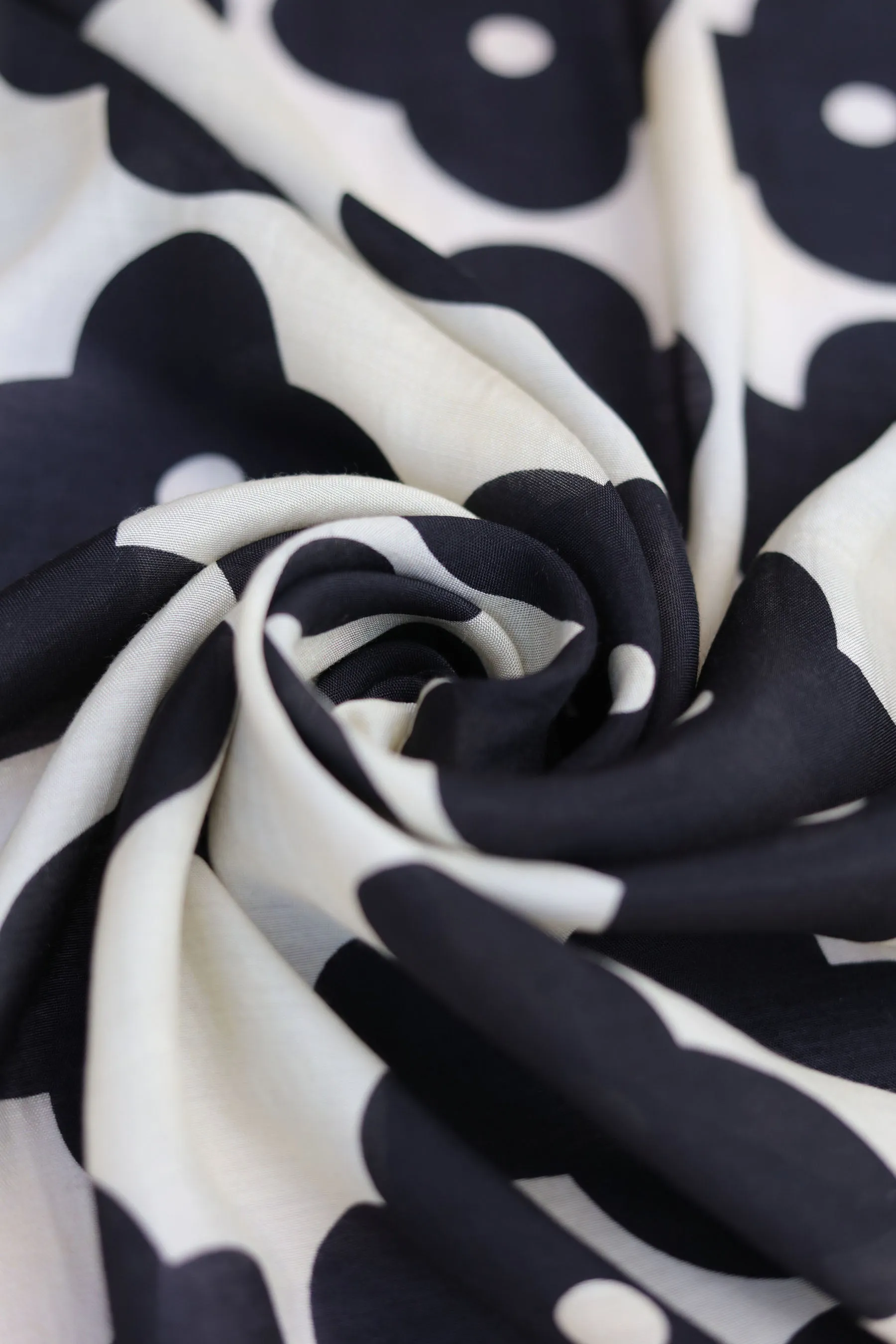 Black Geo Floral Pattern Printed Natural Muslin Silk Fabric