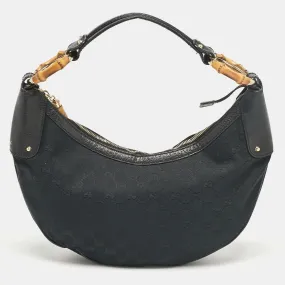 Black GG Canvas and Leather Bamboo Ring Hobo